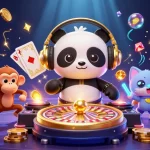 Experience thrilling gaming action with 8kbet as DJ panda spins while coins rain down.