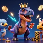 mb66 engaging players in a colorful casino scene with a T-Rex shuffling cards and vibrant cryptocurrency elements.