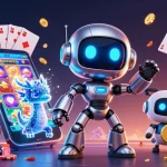 Play and win with Link Sunwin, featuring a vibrant 3D illustration of a cyberpunk robot and gaming elements.