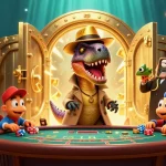 Experience fast payouts at a dynamic scene featuring a velociraptor at a casino.