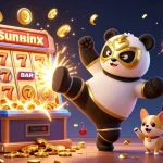 Experience thrilling wins with sunwinx as a panda wrestler kicks above a chaotic casino scene.