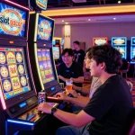 Excited player winning at a slot gacor machine in a lively casino atmosphere.