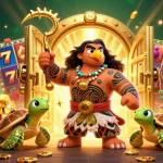 Mubet showcases thrilling casino gaming with 3D characters, vibrant slot elements, and golden treasures in this captivating illustration.