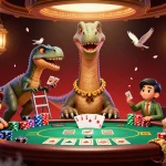 Experience thrilling gaming at 33win with a giant dinosaur overseeing an exciting poker game.
