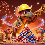Celebrate gaming with vibrant characters in a real money casino scene featuring exciting poker elements.